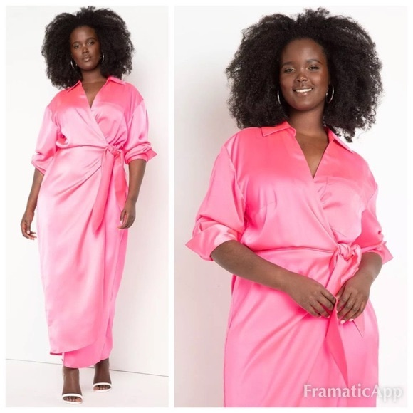 Eloquii Pink Satin Wrap Maxi Dress - Picture 3 of 12